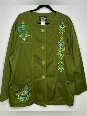Bob Mackie Art Embroidered Green Jacket Birds Women's - 2XL